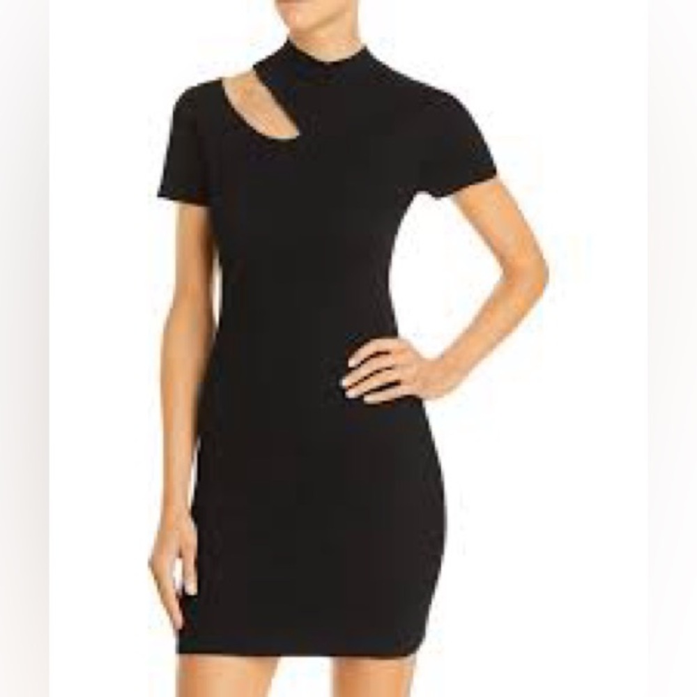 Revolve Le Lis ribbed black dress - shoulder cut out- mock turtleneck dress
